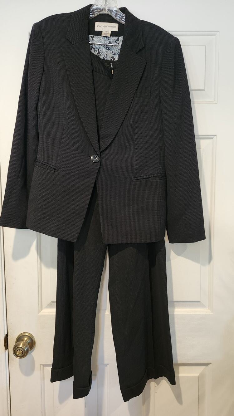 Jones New York Womens Pantsuit Sz 12 Micro Check Blazer Wide Leg Pants D20